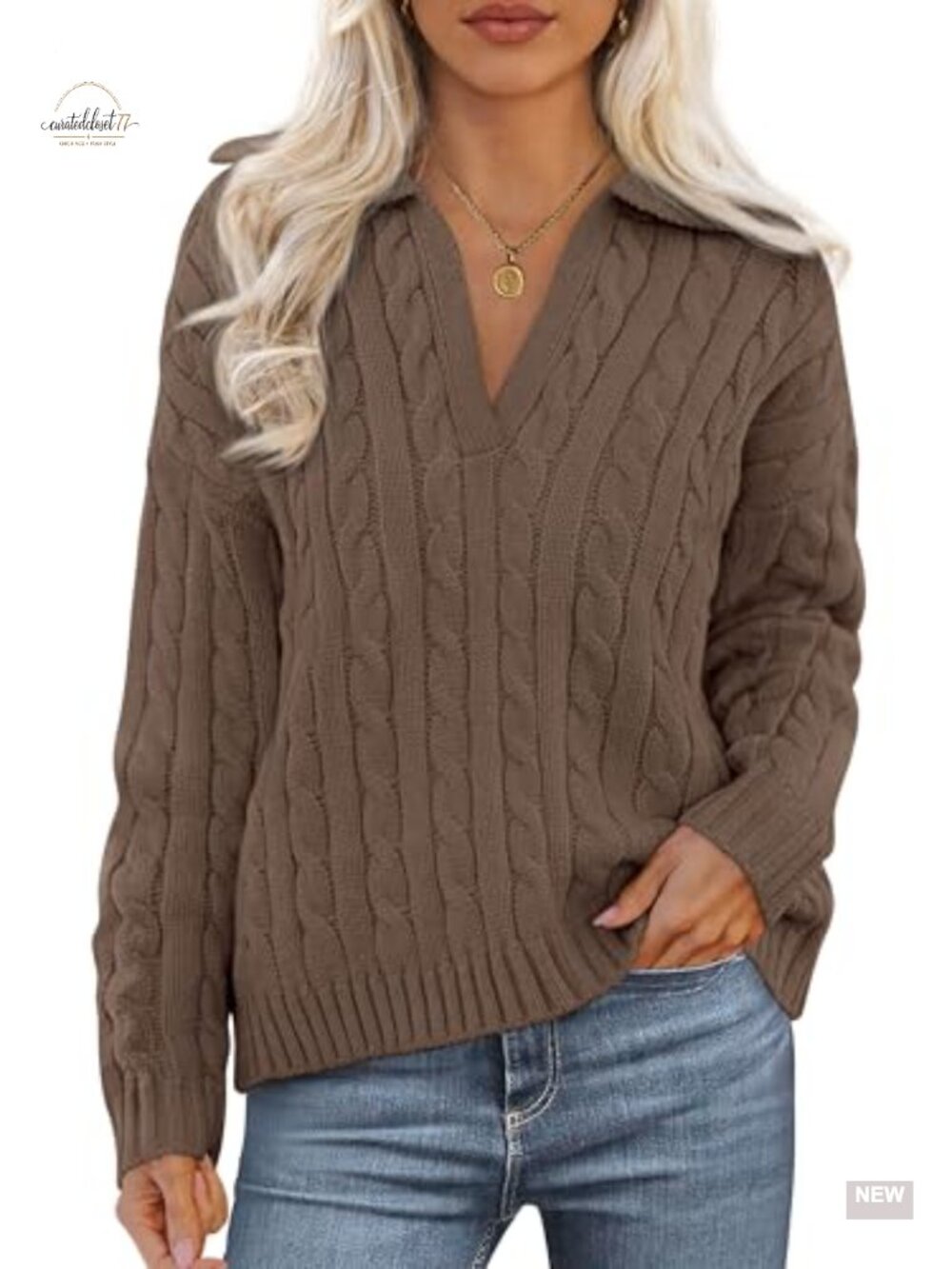 Cable Knit Oversized V-Neck Sweater Loose Drop Shoulder Fall Pullover